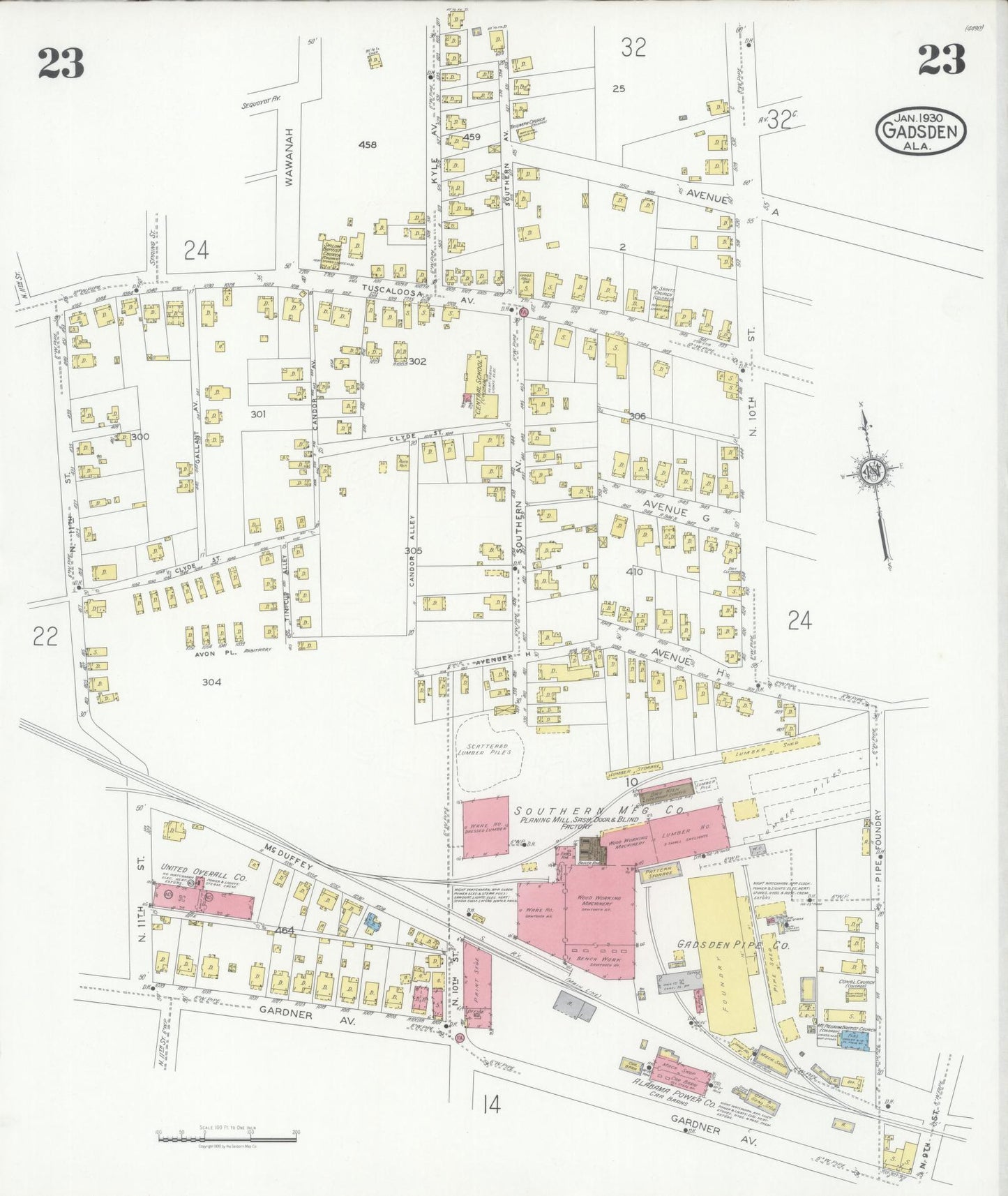 Sanborn Fire Insurance Map from Gadsden, Etowah County, Alabama (1930), Sheet #0023 - Complete Map Set gallery image, historic Sanborn map, vintage wall art, Alabama Alabama
