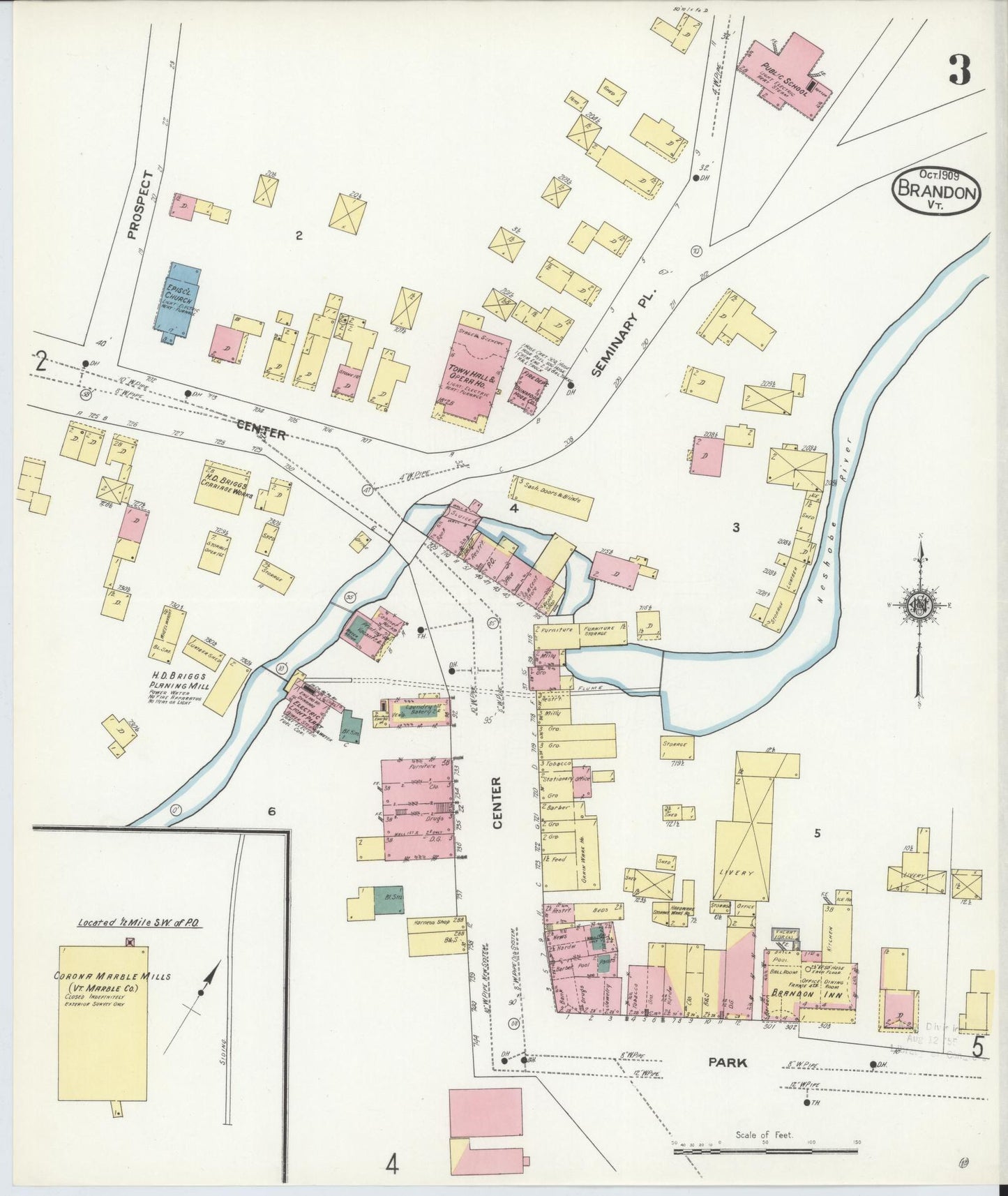 Sanborn Fire Insurance Map from Brandon, Rutland County, Vermont (1909), Sheet #0003 - Complete Map Set gallery image, historic Sanborn map, vintage wall art, Vermont Vermont