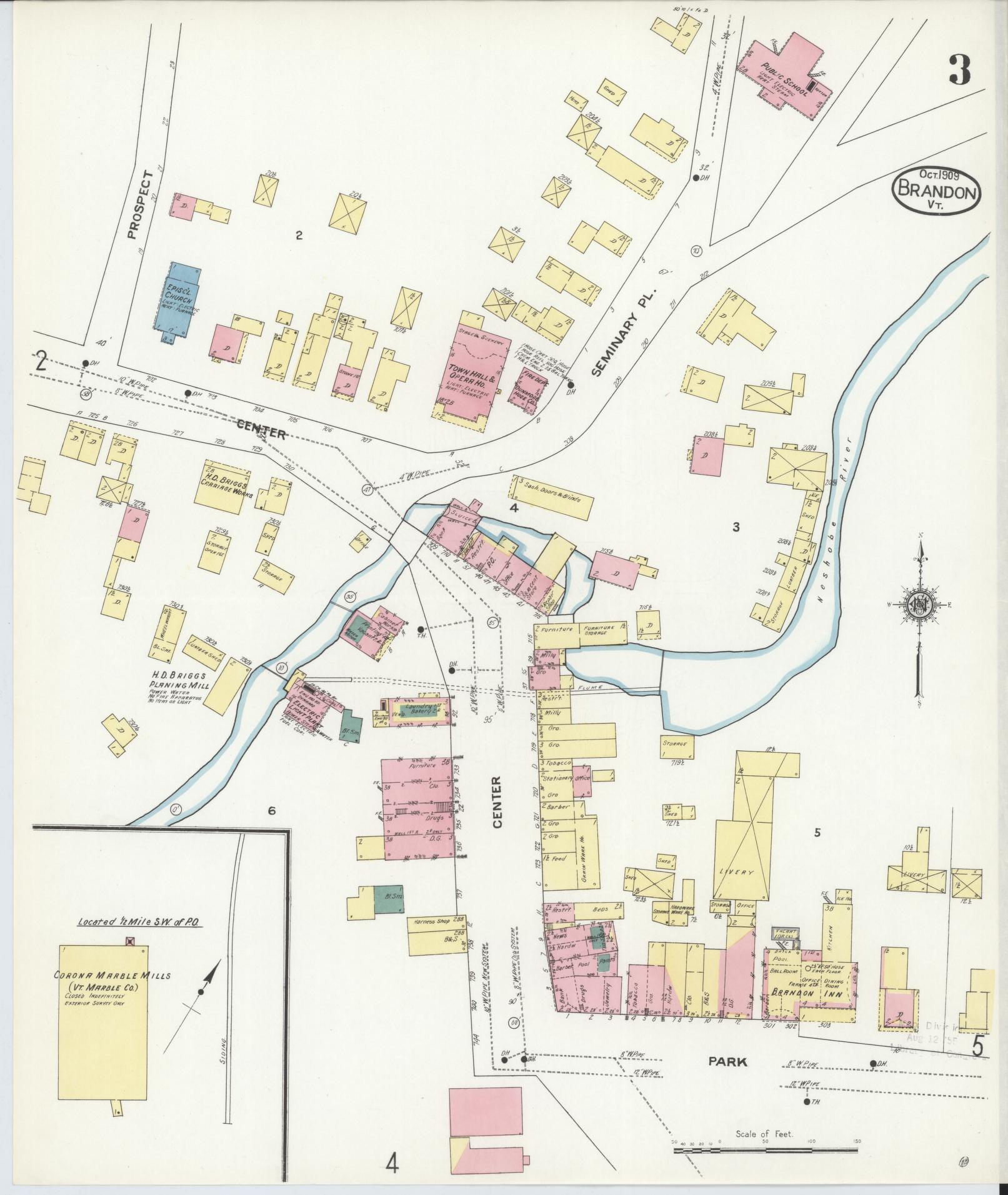 Sanborn Fire Insurance Map from Brandon, Rutland County, Vermont (1909), Sheet #0003 - Complete Map Set gallery image, historic Sanborn map, vintage wall art, Vermont Vermont