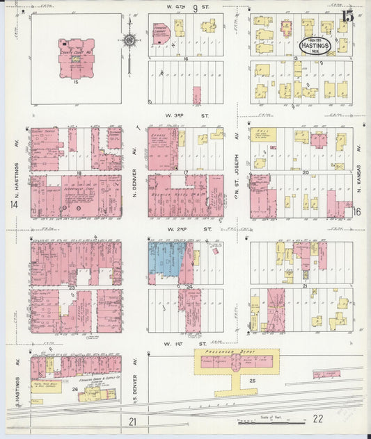 Sanborn Fire Insurance Map from Hastings, Adams County, Nebraska (1915), Sheet #0015 - Historic Sanborn Fire Insurance Map Print, vintage old map wall art, antique decor, genealogy gift, Nebraska Nebraska map