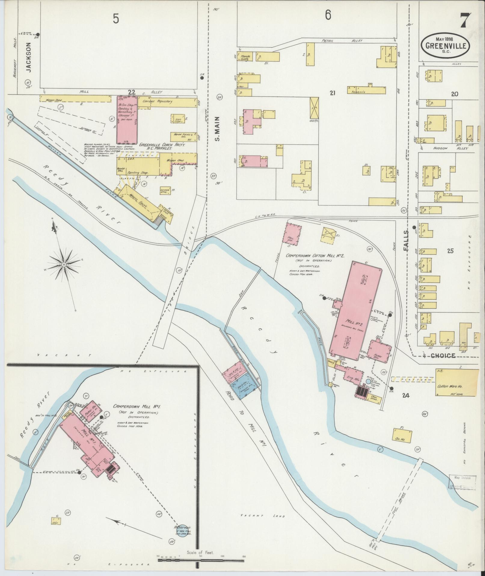 Sanborn Fire Insurance Map from Greenville, Greenville County, South Carolina (1898), Sheet #0007 - Complete Map Set gallery image, historic Sanborn map, vintage wall art, South Carolina South Carolina