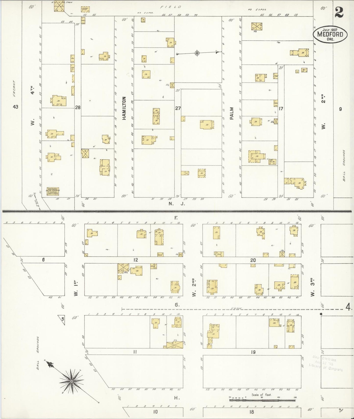 Sanborn Fire Insurance Map from Medford, Jackson County, Oregon (1907), Sheet #0002 - Complete Map Set gallery image, historic Sanborn map, vintage wall art, Oregon Oregon