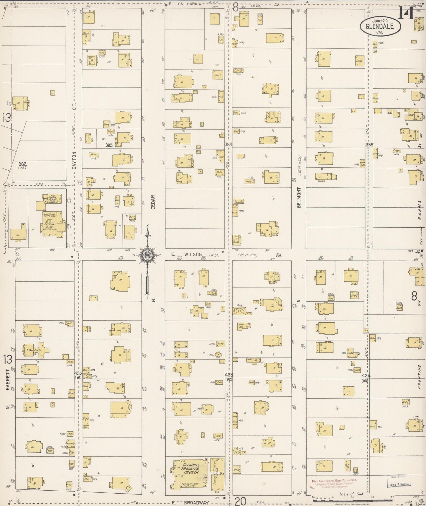 Sanborn Fire Insurance Map from Glendale, Los Angeles County, California (1919), Sheet #0014 - Historic Sanborn Fire Insurance Map Print, vintage old map wall art, antique decor, genealogy gift, California California map