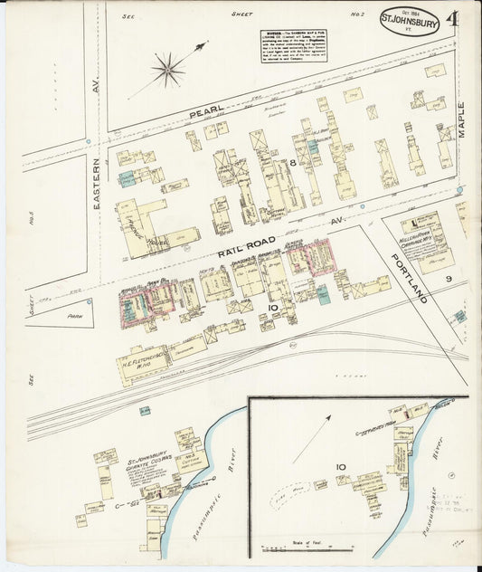Sanborn Fire Insurance Map from Saint Johnsbury, Caledonia County, Vermont (1884), Sheet #0004 - Historic Sanborn Fire Insurance Map Print, vintage old map wall art, antique decor, genealogy gift, Vermont Vermont map