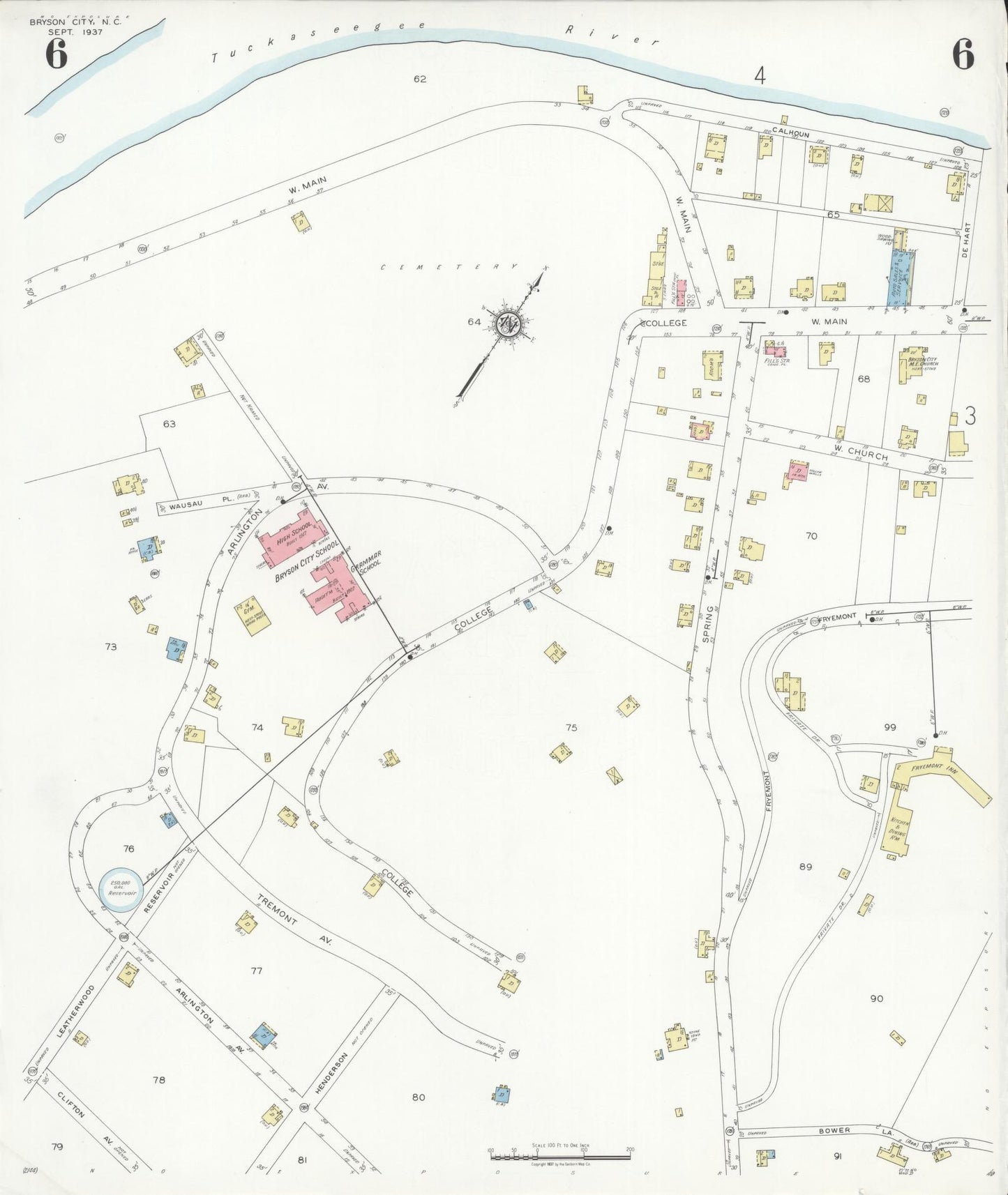 Sanborn Fire Insurance Map from Bryson City, Swain County, North Carolina (1937), Sheet #0006 - Complete Map Set gallery image, historic Sanborn map, vintage wall art, North Carolina North Carolina