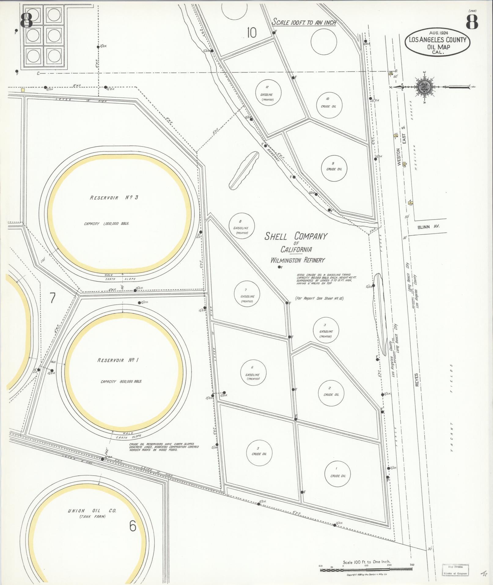 Sanborn Fire Insurance Map from Los Angeles Co., Los Angeles County, California (1924), Sheet #0008 - Historic Sanborn Fire Insurance Map Print, vintage old map wall art, antique decor, genealogy gift, California California map