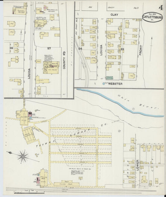 Sanborn Fire Insurance Map from Catlettsburg, Boyd County, Kentucky (1890), Sheet #0004 - Historic Sanborn Fire Insurance Map Print, vintage old map wall art, antique decor, genealogy gift, Kentucky Kentucky map