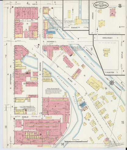 Sanborn Fire Insurance Map from Battle Creek, Calhoun County, Michigan (1913), Sheet #0008 - Historic Sanborn Fire Insurance Map Print, vintage old map wall art, antique decor, genealogy gift, Michigan Michigan map