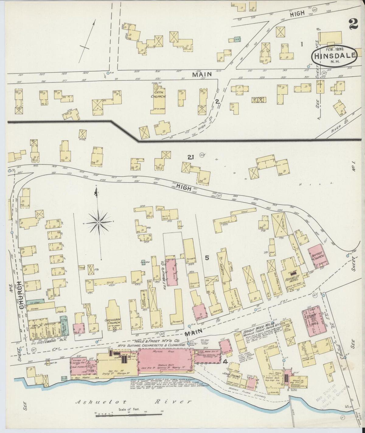 Sanborn Fire Insurance Map from Hinsdale, Cheshire County, New Hampshire (1892), Sheet #0002 - Historic Sanborn Fire Insurance Map Print, vintage old map wall art, antique decor, genealogy gift, New Hampshire New Hampshire map