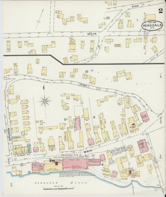 Sanborn Fire Insurance Map from Hinsdale, Cheshire County, New Hampshire (1892), Sheet #0002 - Historic Sanborn Fire Insurance Map Print, vintage old map wall art, antique decor, genealogy gift, New Hampshire New Hampshire map