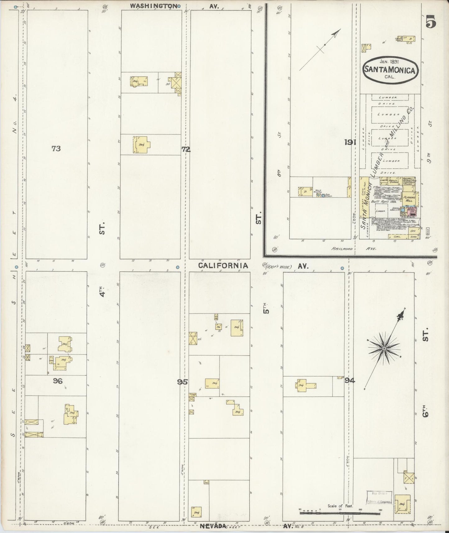 Sanborn Fire Insurance Map from Santa Monica, Los Angeles County, California (1891), Sheet #0005 - Complete Map Set gallery image, historic Sanborn map, vintage wall art, California California