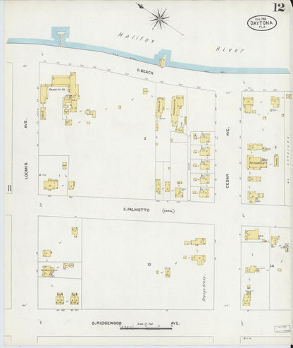 Sanborn Fire Insurance Map from Daytona, Volusia County, Florida (1906), Sheet #0012 - Historic Sanborn Fire Insurance Map Print, vintage old map wall art, antique decor, genealogy gift, Florida Florida map
