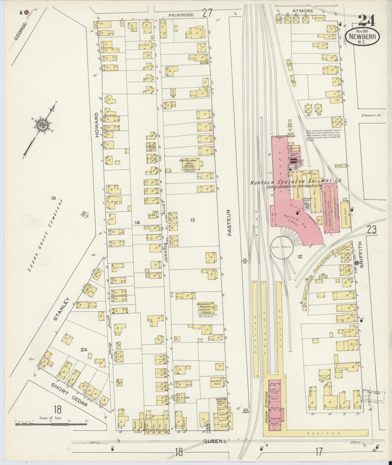 Sanborn Fire Insurance Map from New Bern, Craven County, North Carolina (1913), Sheet #0024 - Historic Sanborn Fire Insurance Map Print, vintage old map wall art, antique decor, genealogy gift, North Carolina North Carolina map