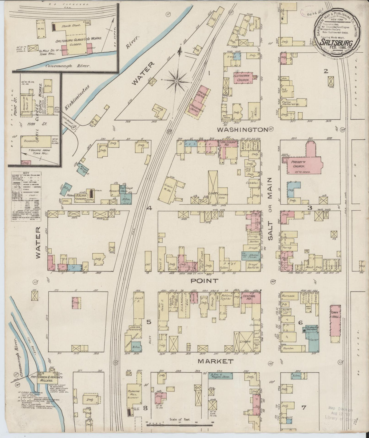 Sanborn Fire Insurance Map from Saltsburg, Indiana County, Pennsylvania (1886), Sheet #0001 - Historic Sanborn Fire Insurance Map Print, vintage old map wall art, antique decor, genealogy gift, Saltsburg Indiana map