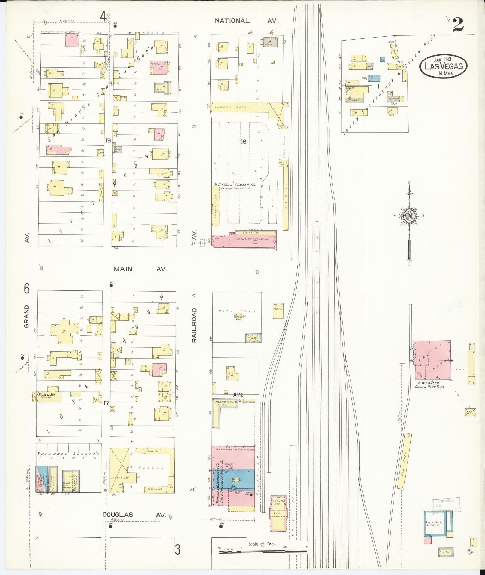 Sanborn Fire Insurance Map from Las Vegas, San Miguel County, New Mexico (1913), Sheet #0002 - Historic Sanborn Fire Insurance Map Print, vintage old map wall art, antique decor, genealogy gift, New Mexico New Mexico map