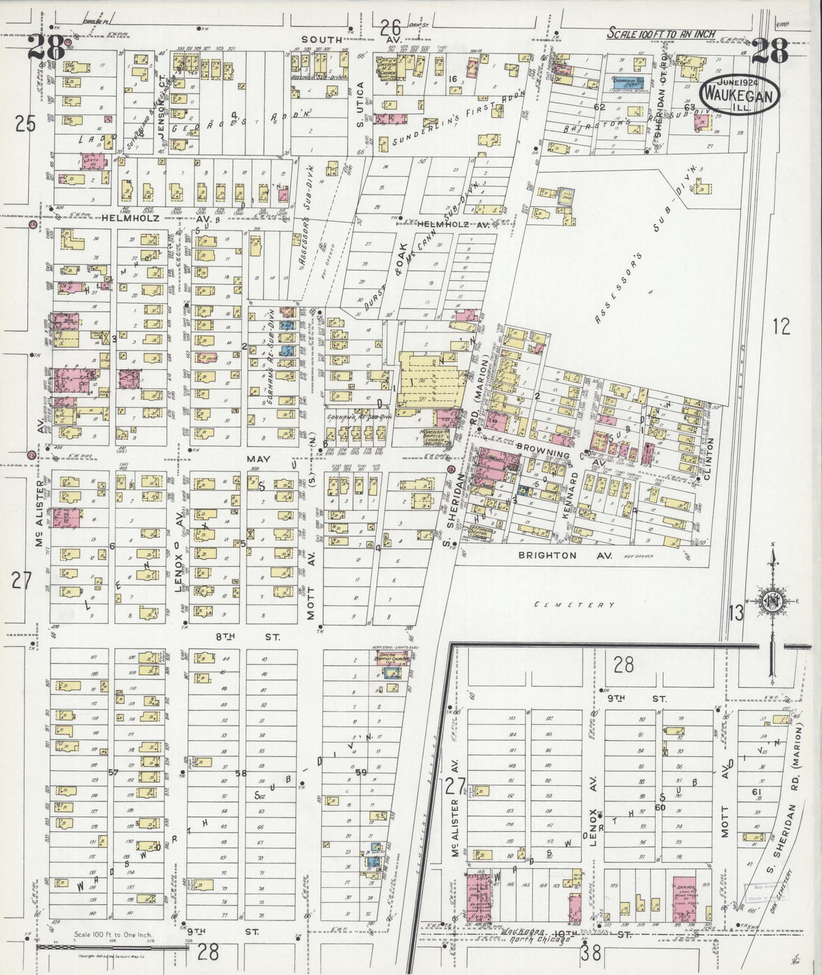 Sanborn Fire Insurance Map from Waukegan, Lake County, Illinois (1924), Sheet #0028 - Complete Map Set gallery image, historic Sanborn map, vintage wall art, Illinois Illinois