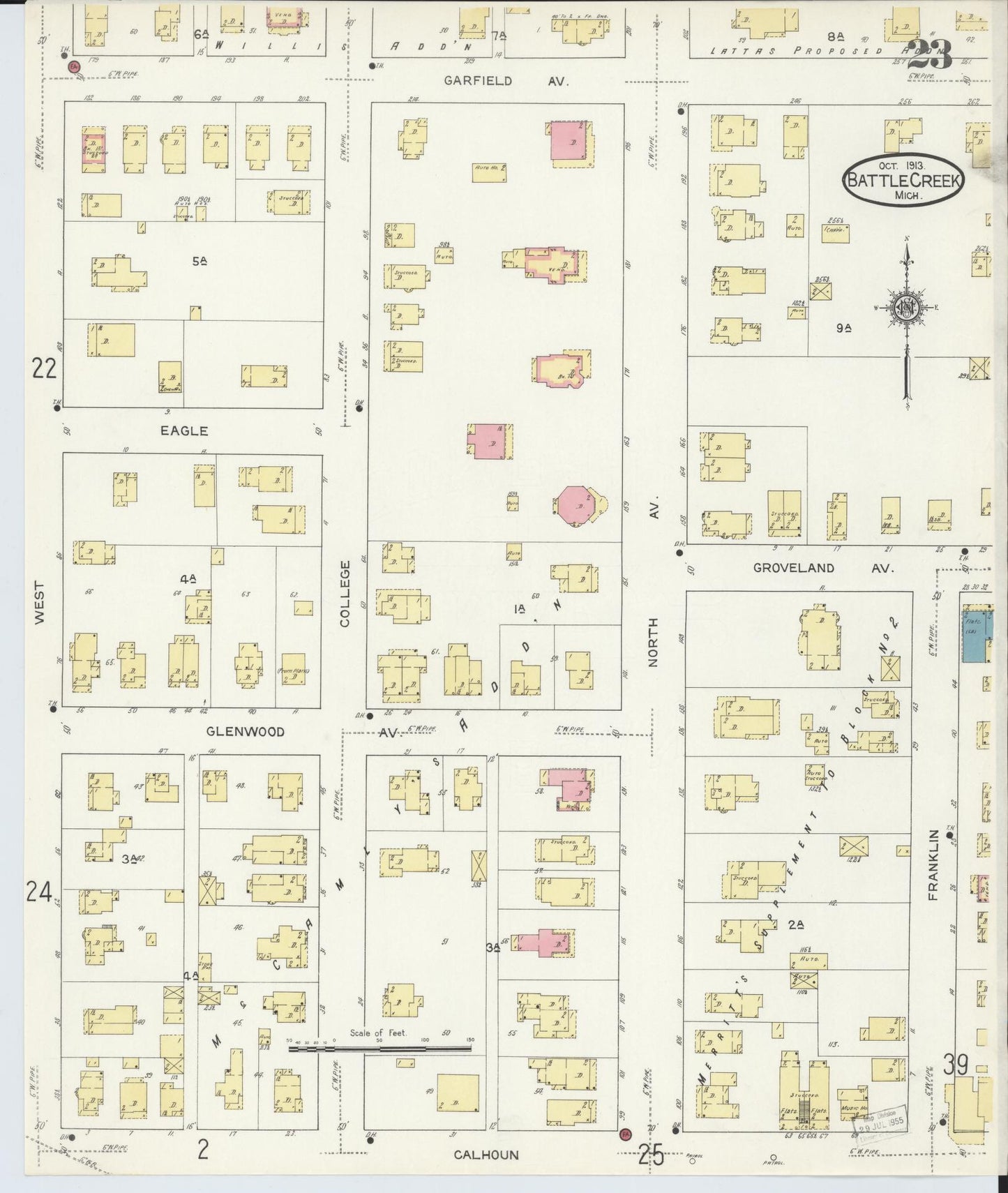 Sanborn Fire Insurance Map from Battle Creek, Calhoun County, Michigan (1913), Sheet #0023 - Historic Sanborn Fire Insurance Map Print, vintage old map wall art, antique decor, genealogy gift, Michigan Michigan map