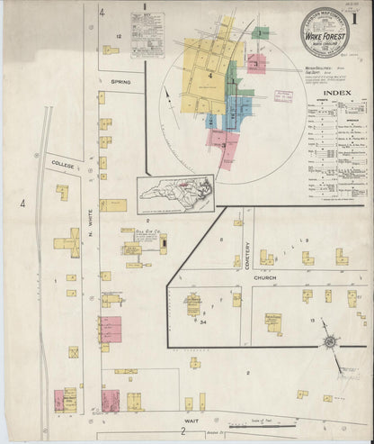 Sanborn Fire Insurance Map from Wake Forest, Wake County, North Carolina (1915), Sheet #0001 - Complete Map Set gallery image, historic Sanborn map, vintage wall art, North Carolina North Carolina
