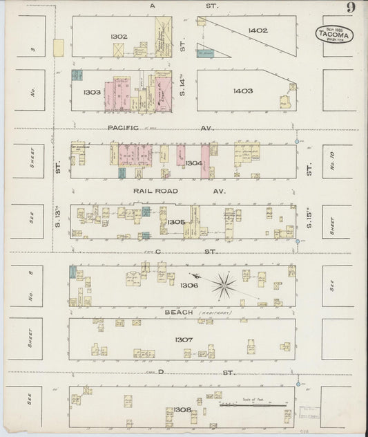 Sanborn Fire Insurance Map from Tacoma, Pierce County, Washington (1885), Sheet #0009 - Historic Sanborn Fire Insurance Map Print, vintage old map wall art, antique decor, genealogy gift, Washington Washington map