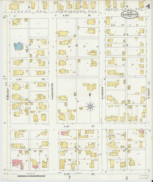 Sanborn Fire Insurance Map from Bloomington, Monroe County, Indiana (1898), Sheet #0004 - Historic Sanborn Fire Insurance Map Print, vintage old map wall art, antique decor, genealogy gift, Indiana Indiana map