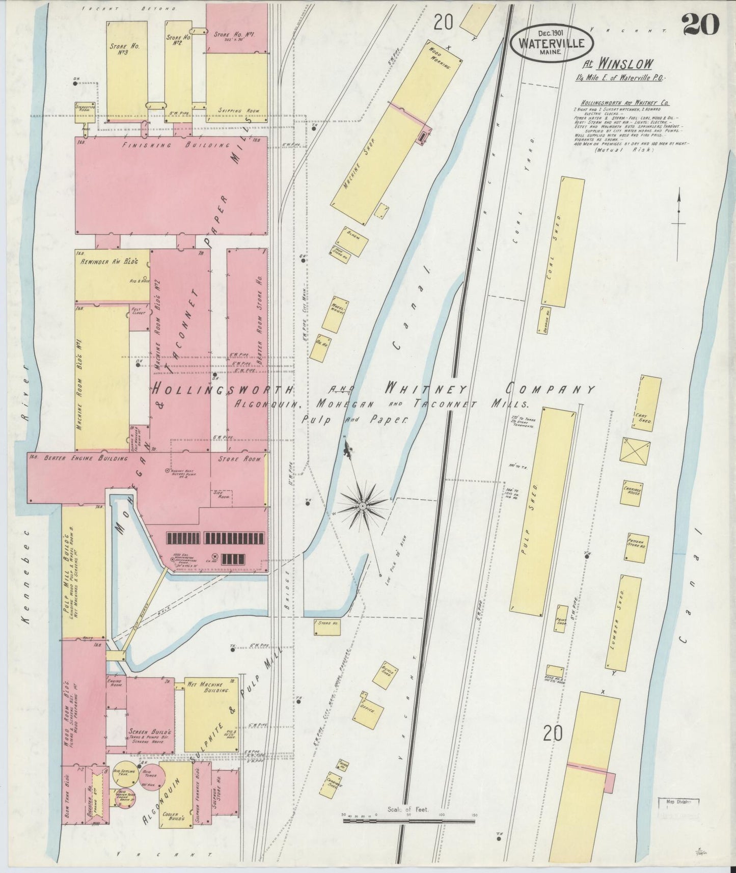 Sanborn Fire Insurance Map from Waterville, Kennebec County, Maine (1901), Sheet #0020 - Historic Sanborn Fire Insurance Map Print, vintage old map wall art, antique decor, genealogy gift, Maine Maine map