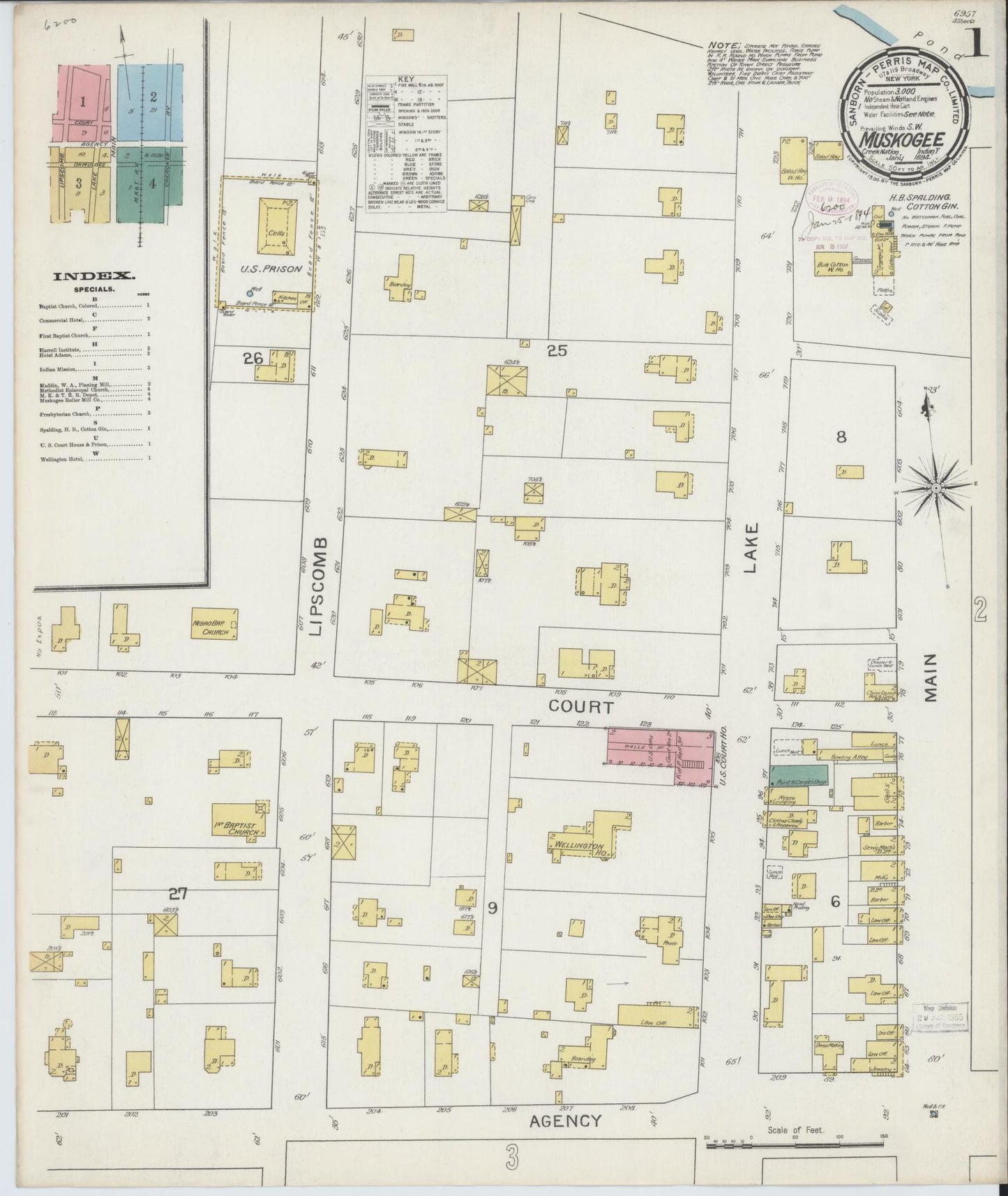 Sanborn Fire Insurance Map from Muskogee, Muskogee County, Oklahoma (1894), Sheet #0001 - Historic Sanborn Fire Insurance Map Print, vintage old map wall art, antique decor, genealogy gift, Oklahoma Oklahoma map