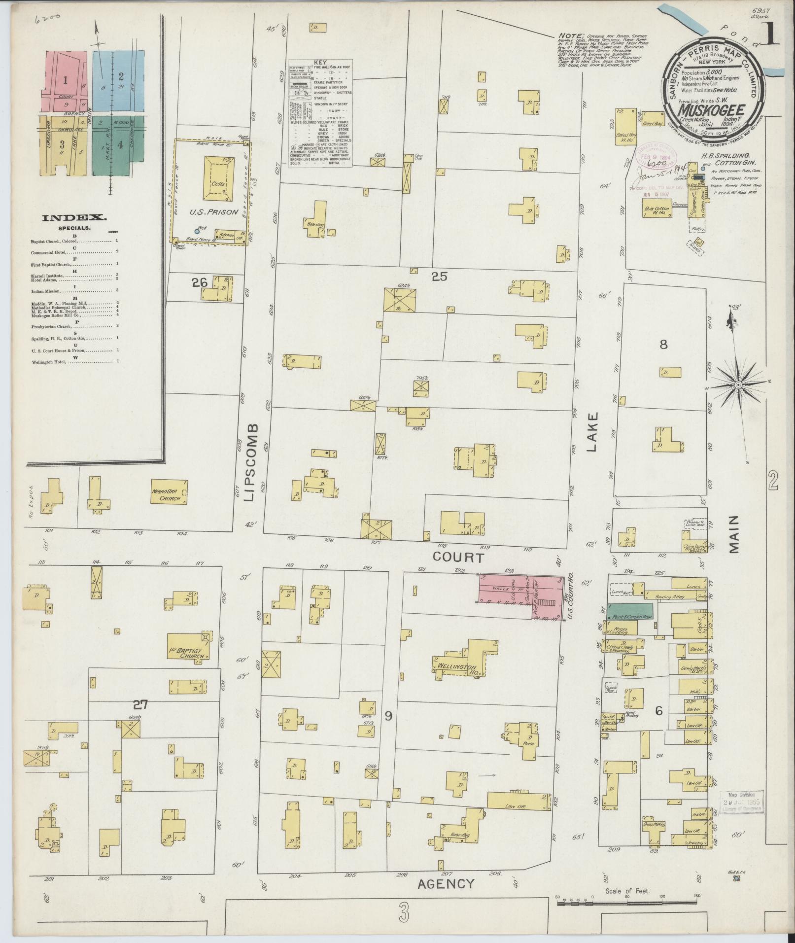 Sanborn Fire Insurance Map from Muskogee, Muskogee County, Oklahoma (1894), Sheet #0001 - Historic Sanborn Fire Insurance Map Print, vintage old map wall art, antique decor, genealogy gift, Oklahoma Oklahoma map