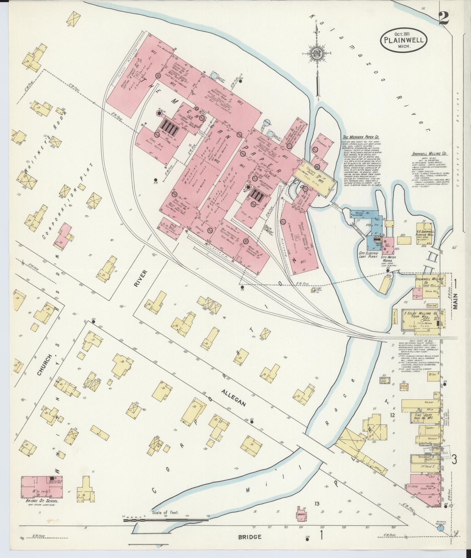 Sanborn Fire Insurance Map from Plainwell, Allegan County, Michigan (1911), Sheet #0002 - Complete Map Set gallery image, historic Sanborn map, vintage wall art, Michigan Michigan