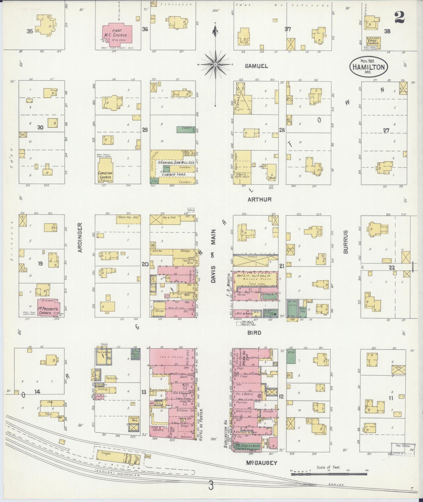 Sanborn Fire Insurance Map from Hamilton, Caldwell County, Missouri (1901), Sheet #0002 - Complete Map Set gallery image, historic Sanborn map, vintage wall art, Missouri Missouri