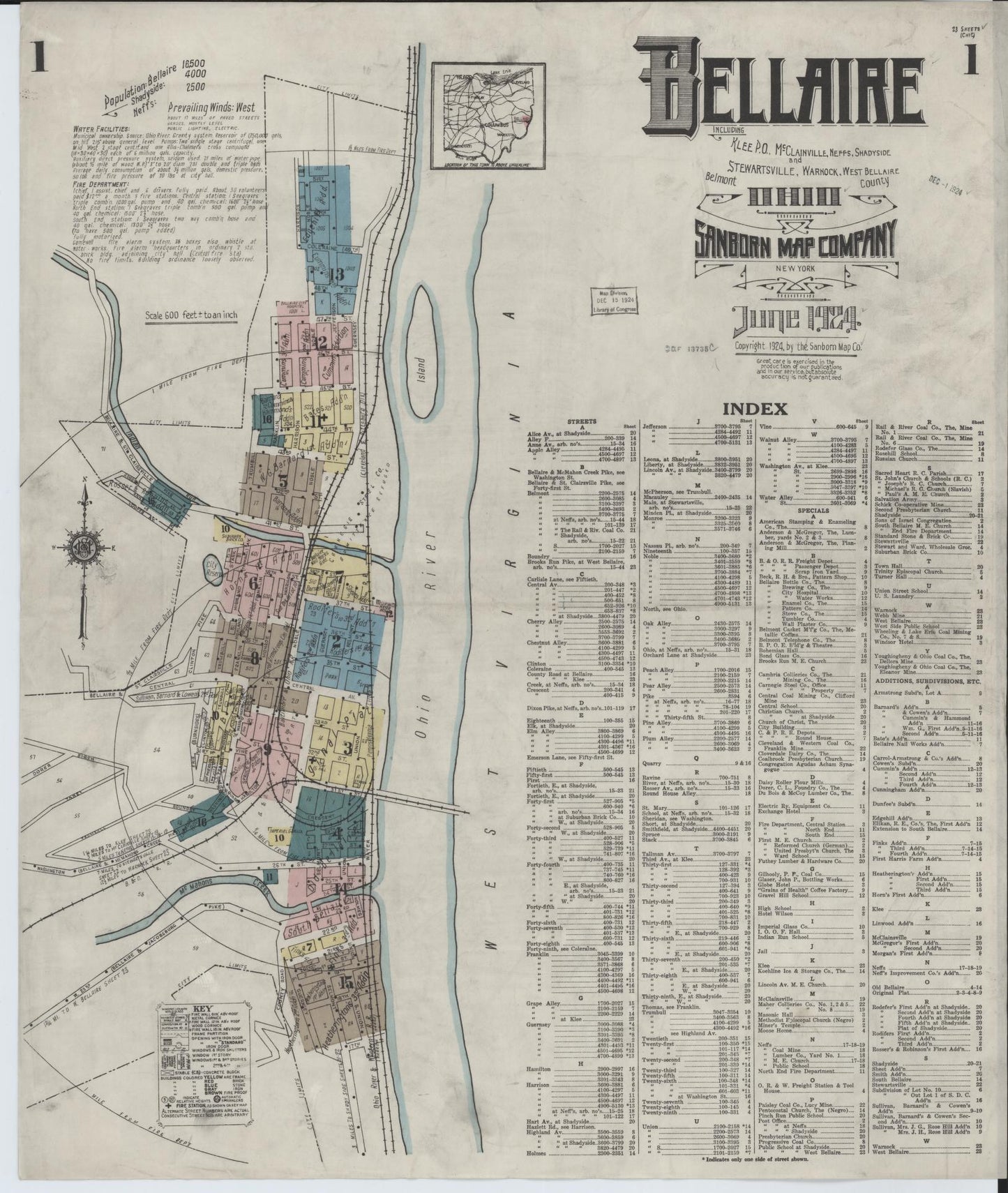 Sanborn Fire Insurance Map from Bellaire, Belmont County, Ohio (1924), Sheet #0001 - Historic Sanborn Fire Insurance Map Print, vintage old map wall art, antique decor, genealogy gift, Ohio Ohio map