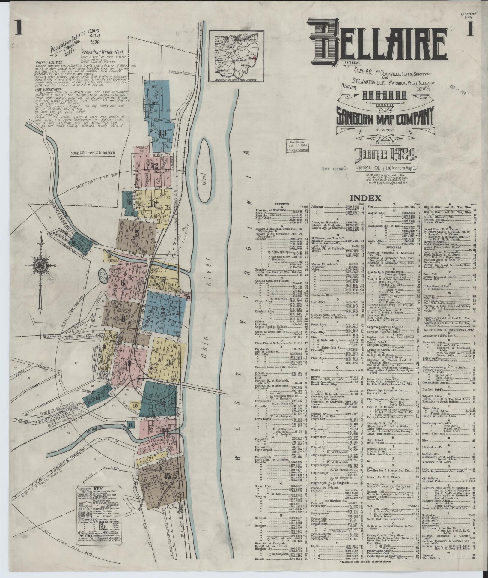 Sanborn Fire Insurance Map from Bellaire, Belmont County, Ohio (1924), Sheet #0001 - Historic Sanborn Fire Insurance Map Print, vintage old map wall art, antique decor, genealogy gift, Ohio Ohio map