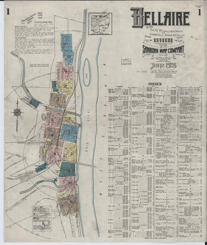 Sanborn Fire Insurance Map from Bellaire, Belmont County, Ohio (1924), Sheet #0001 - Historic Sanborn Fire Insurance Map Print, vintage old map wall art, antique decor, genealogy gift, Ohio Ohio map