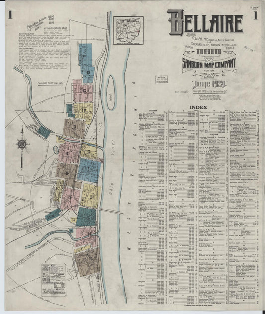 Sanborn Fire Insurance Map from Bellaire, Belmont County, Ohio (1924), Sheet #0001 - Historic Sanborn Fire Insurance Map Print, vintage old map wall art, antique decor, genealogy gift, Ohio Ohio map