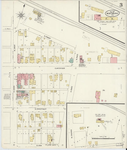 Sanborn Fire Insurance Map from New Carlisle, Saint Joseph County, Indiana (1907), Sheet #0003 - Historic Sanborn Fire Insurance Map Print, vintage old map wall art, antique decor, genealogy gift, Indiana Indiana map