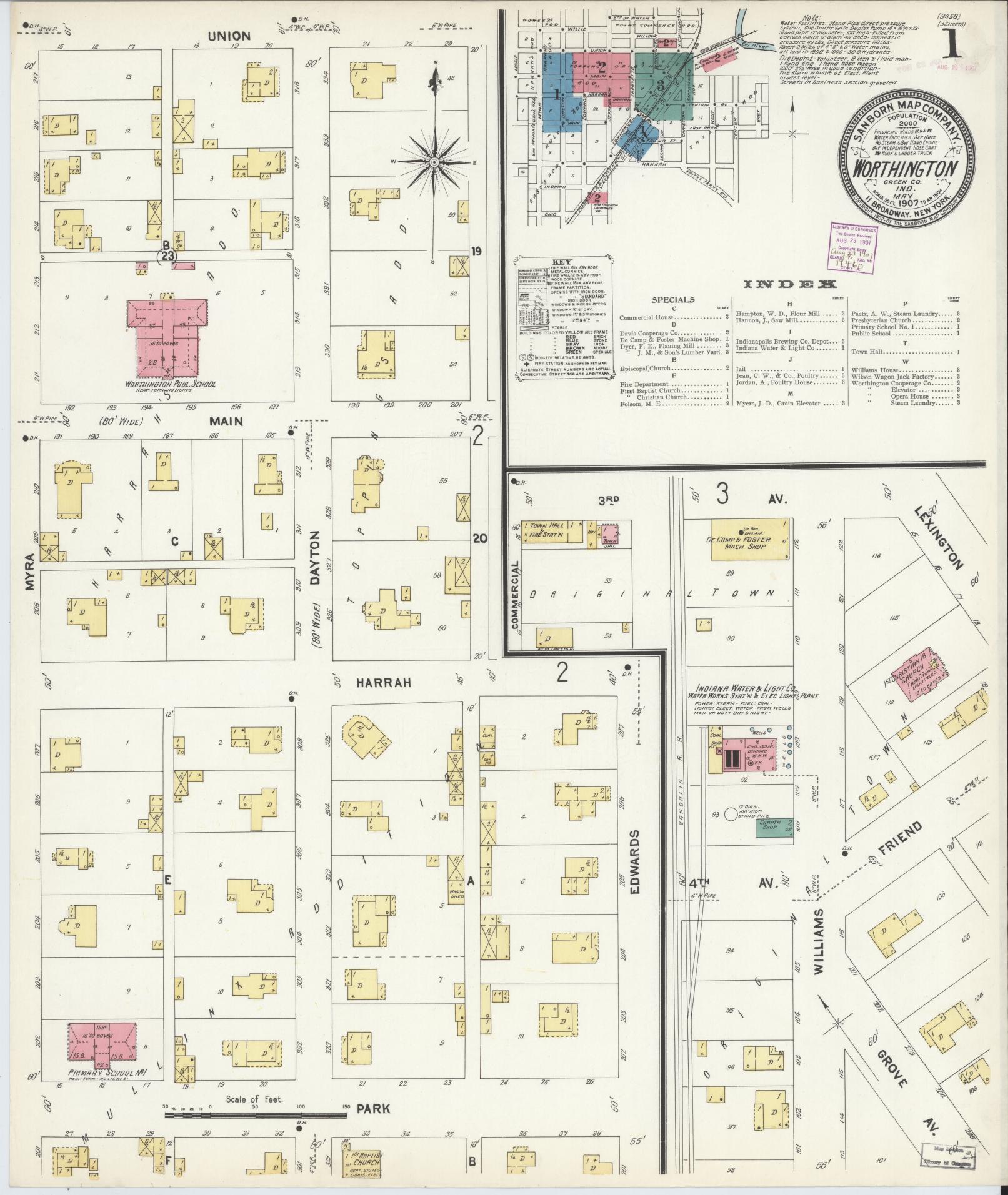Sanborn Fire Insurance Map from Worthington, Greene County, Indiana (1907), Sheet #0001 - Complete Map Set gallery image, historic Sanborn map, vintage wall art, Indiana Indiana