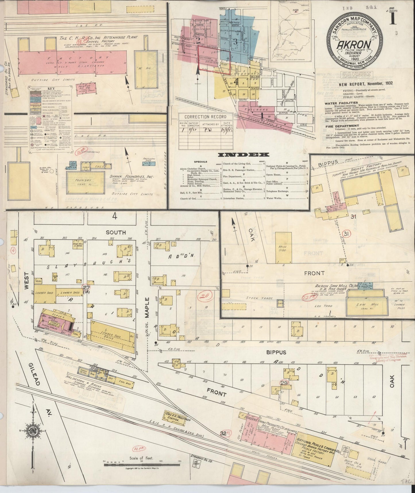 Sanborn Fire Insurance Map from Akron, Fulton County, Indiana (1932), Sheet #0001 - Historic Sanborn Fire Insurance Map Print, vintage old map wall art, antique decor, genealogy gift, Indiana Indiana map