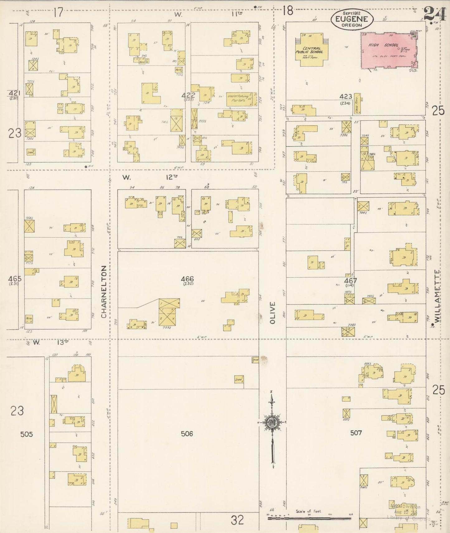 Sanborn Fire Insurance Map from Eugene, Lane County, Oregon (1912), Sheet #0024 - Historic Sanborn Fire Insurance Map Print, vintage old map wall art, antique decor, genealogy gift, Oregon Oregon map