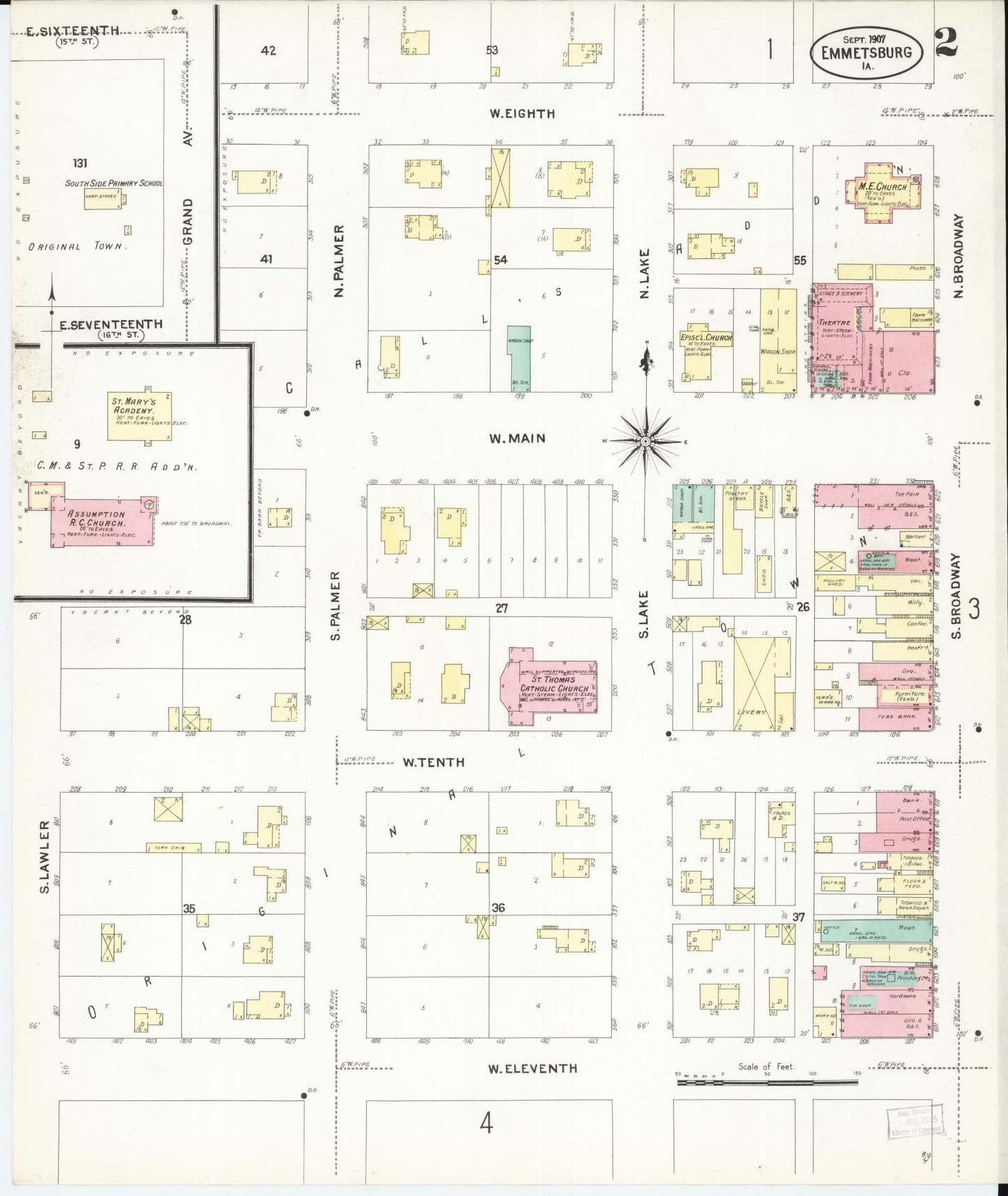 Sanborn Fire Insurance Map from Emmetsburg, Palo Alto County, Iowa (1907), Sheet #0002 - Historic Sanborn Fire Insurance Map Print, vintage old map wall art