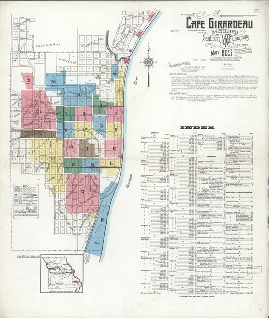 Sanborn Fire Insurance Map from Cape Girardeau, Cape Girardeau County, Missouri (1923), Sheet #0001 - Complete Map Set gallery image, historic Sanborn map, vintage wall art, Missouri Missouri