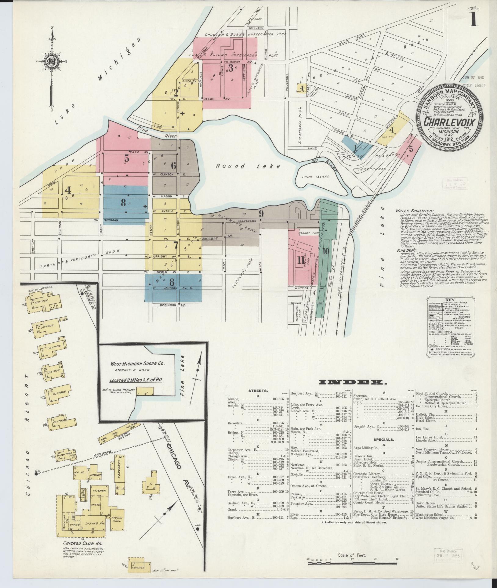 Sanborn Fire Insurance Map from Charlevoix, Charlevoix County, Michigan (1912), Sheet #0001 - Complete Map Set gallery image, historic Sanborn map, vintage wall art, Michigan Michigan