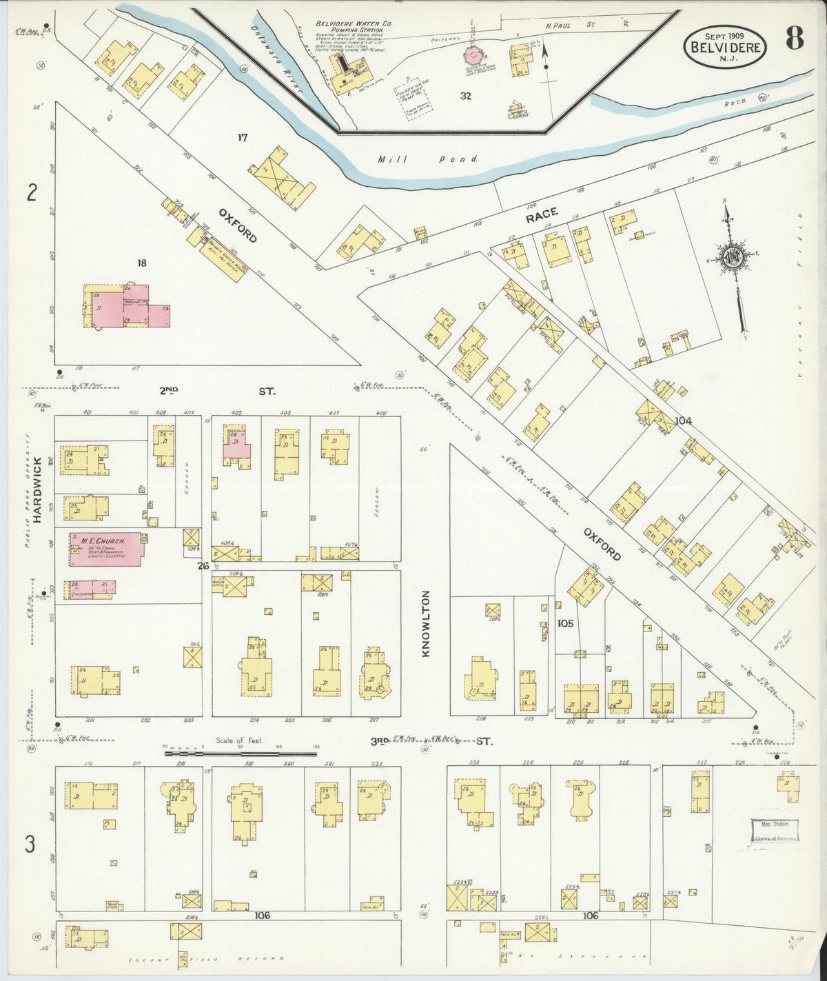 Sanborn Fire Insurance Map from Belvidere, Warren County, New Jersey (1909), Sheet #0008 - Historic Sanborn Fire Insurance Map Print, vintage old map wall art, antique decor, genealogy gift, New Jersey New Jersey map