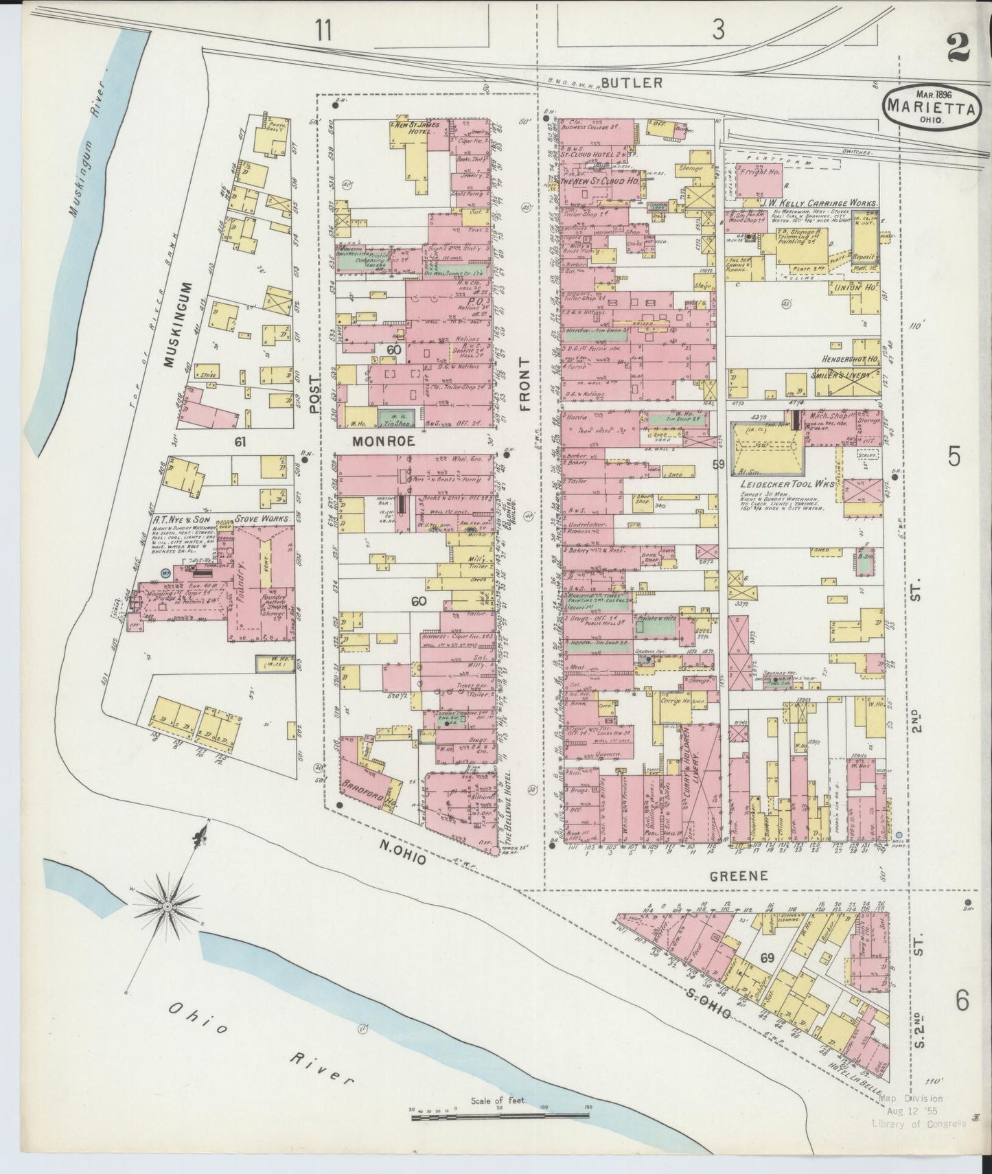 Sanborn Fire Insurance Map from Marietta, Washington County, Ohio (1896), Sheet #0002 - Historic Sanborn Fire Insurance Map Print, vintage old map wall art, antique decor, genealogy gift, Ohio Ohio map
