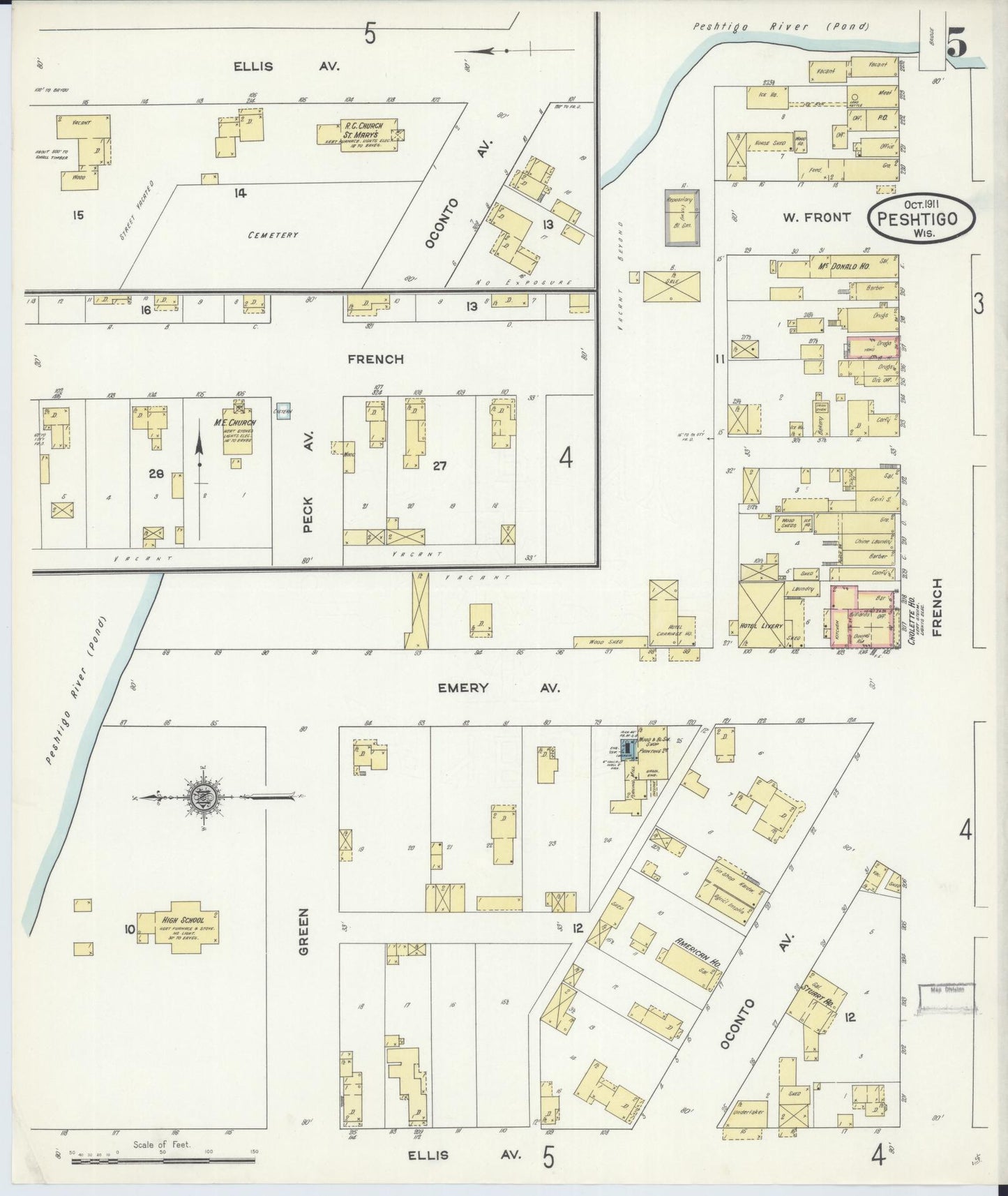 Sanborn Fire Insurance Map from Peshtigo, Marinette County, Wisconsin (1911), Sheet #0005 - Complete Map Set gallery image, historic Sanborn map, vintage wall art, Wisconsin Wisconsin