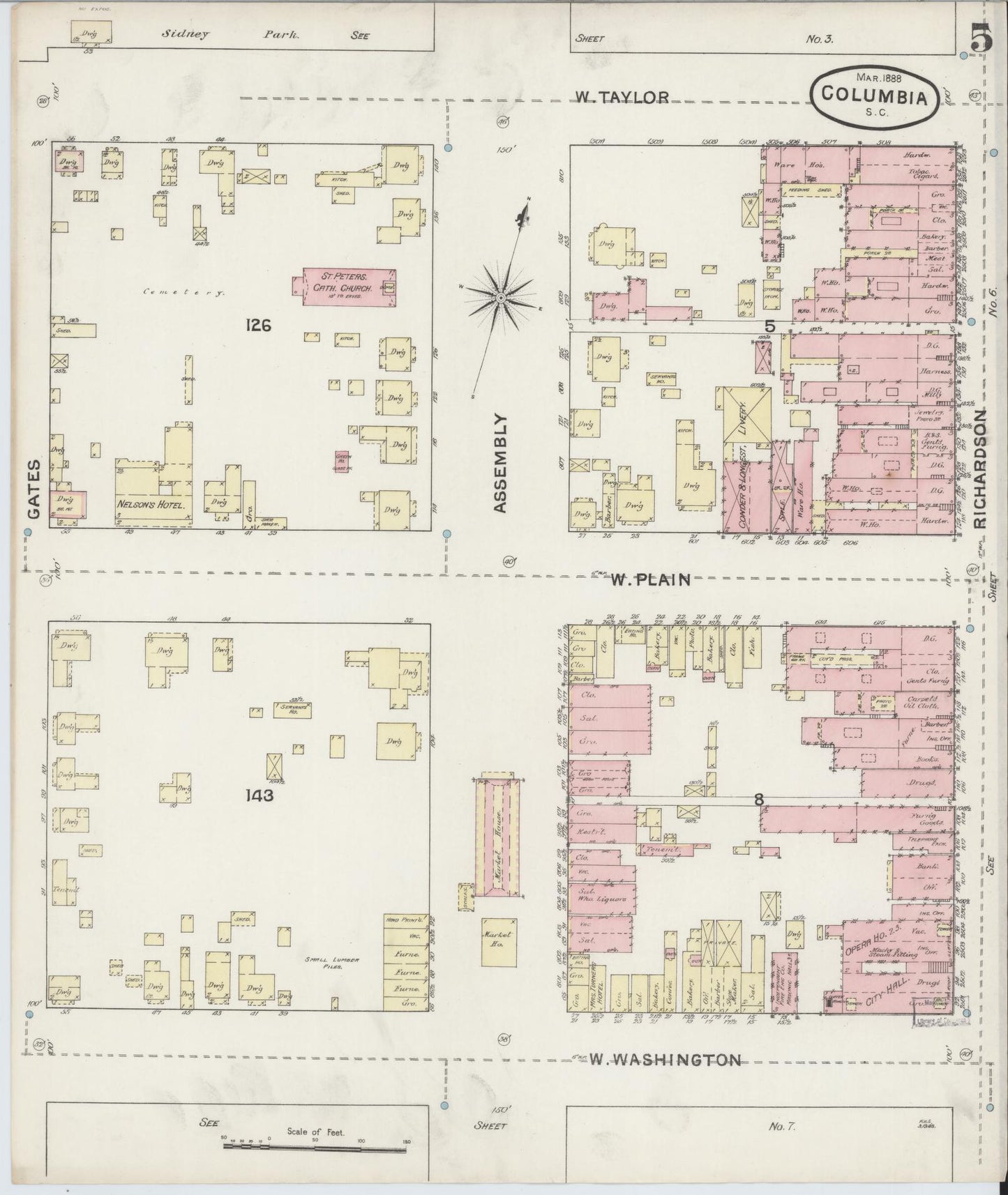 Sanborn Fire Insurance Map from Columbia, Richland County, South Carolina (1888), Sheet #0005 - Complete Map Set gallery image, historic Sanborn map, vintage wall art, South Carolina South Carolina