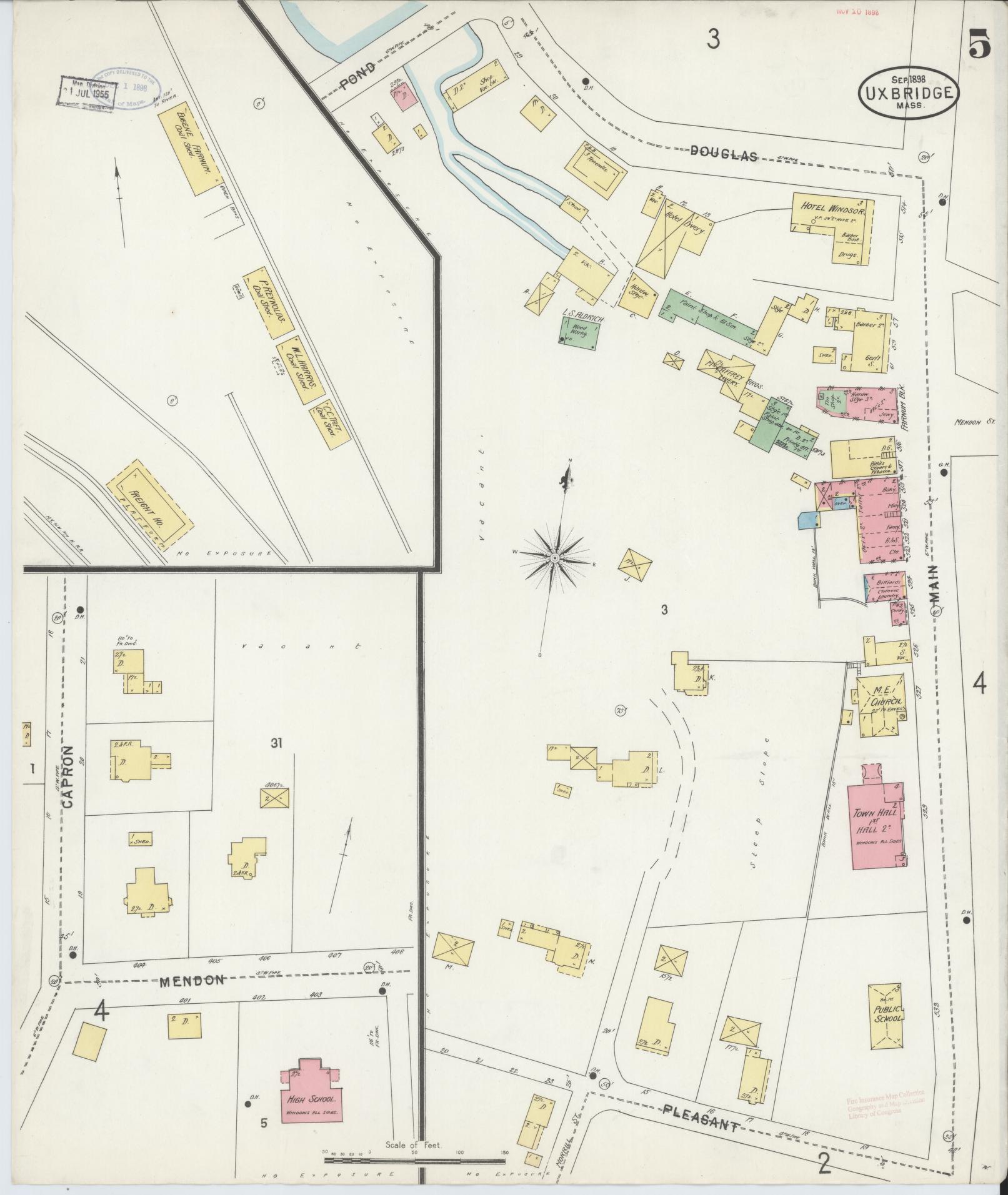 Sanborn Fire Insurance Map from Uxbridge, Worcester County, Massachusetts (1898), Sheet #0005 - Historic Sanborn Fire Insurance Map Print, vintage old map wall art, antique decor, genealogy gift, Massachusetts Massachusetts map