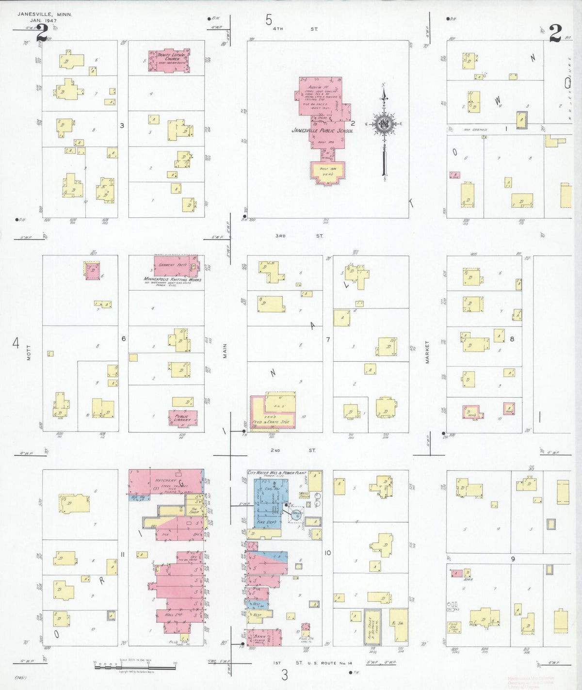 Sanborn Fire Insurance Map from Janesville, Waseca County, Minnesota (1947), Sheet #0002 - Complete Map Set gallery image, historic Sanborn map, vintage wall art, Minnesota Minnesota