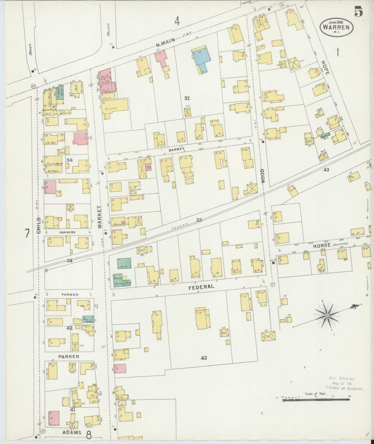 Sanborn Fire Insurance Map from Warren, Bristol County, Rhode Island (1898), Sheet #0005 - Historic Sanborn Fire Insurance Map Print, vintage old map wall art, antique decor, genealogy gift, Rhode Island Rhode Island map