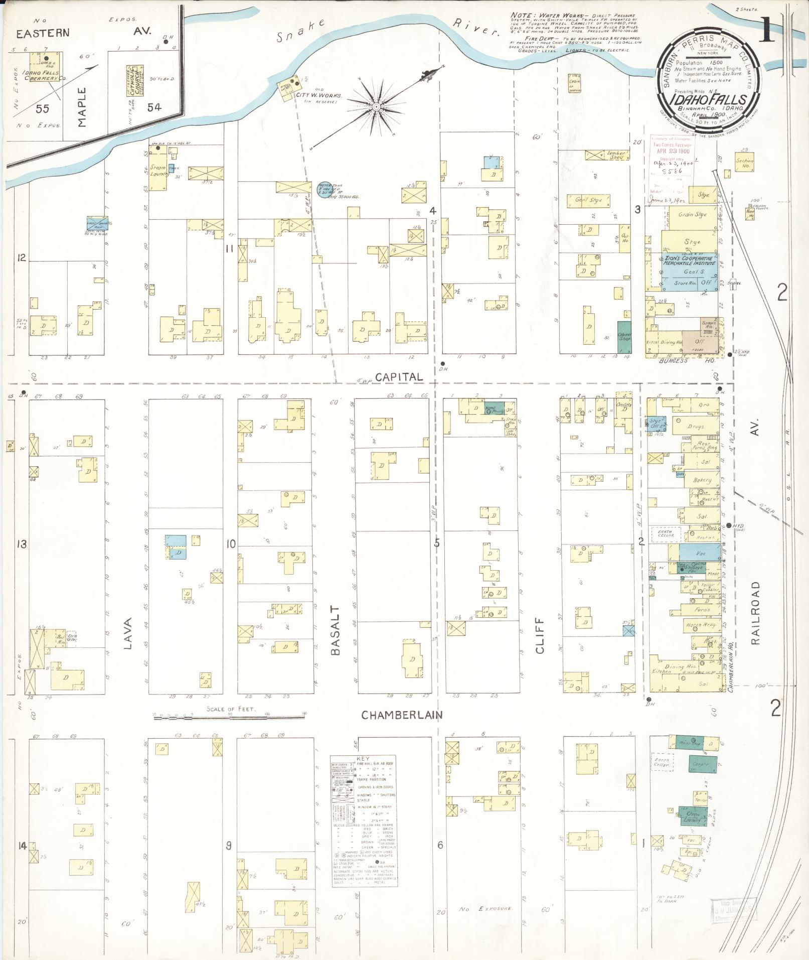 Sanborn Fire Insurance Map from Idaho Falls, Bonneville County, Idaho (1900), Sheet #0001 - Complete Map Set gallery image, historic Sanborn map, vintage wall art, Idaho Idaho