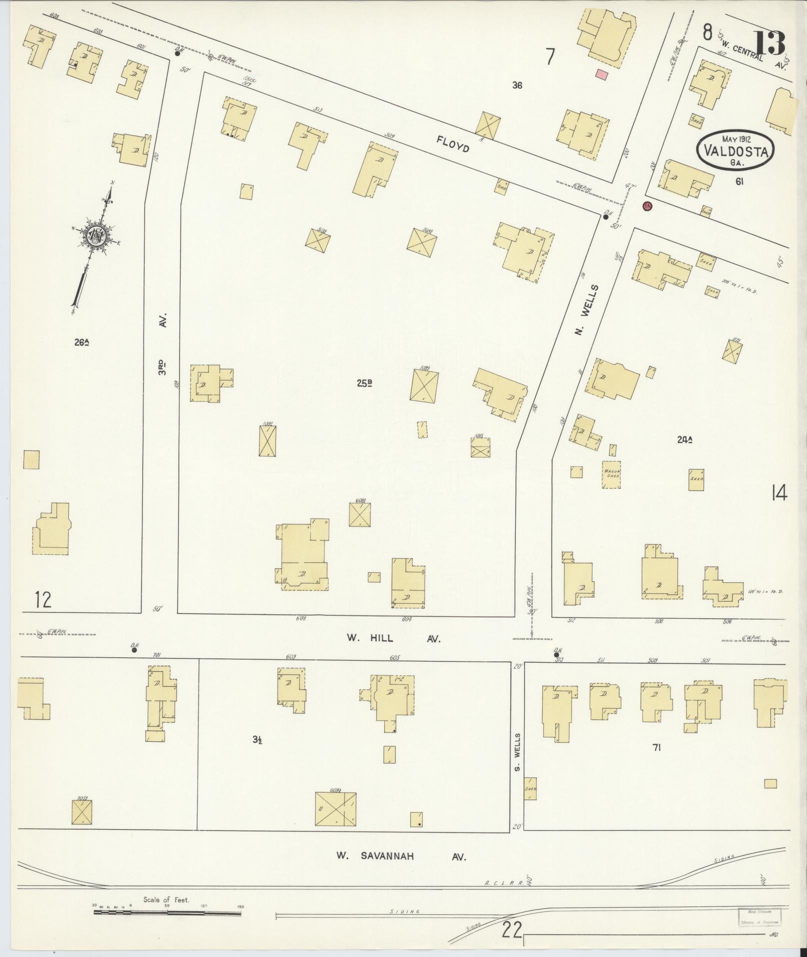 Sanborn Fire Insurance Map from Valdosta, Lowndes County, Georgia (1912), Sheet #0013 - Complete Map Set gallery image, historic Sanborn map, vintage wall art, Georgia Georgia