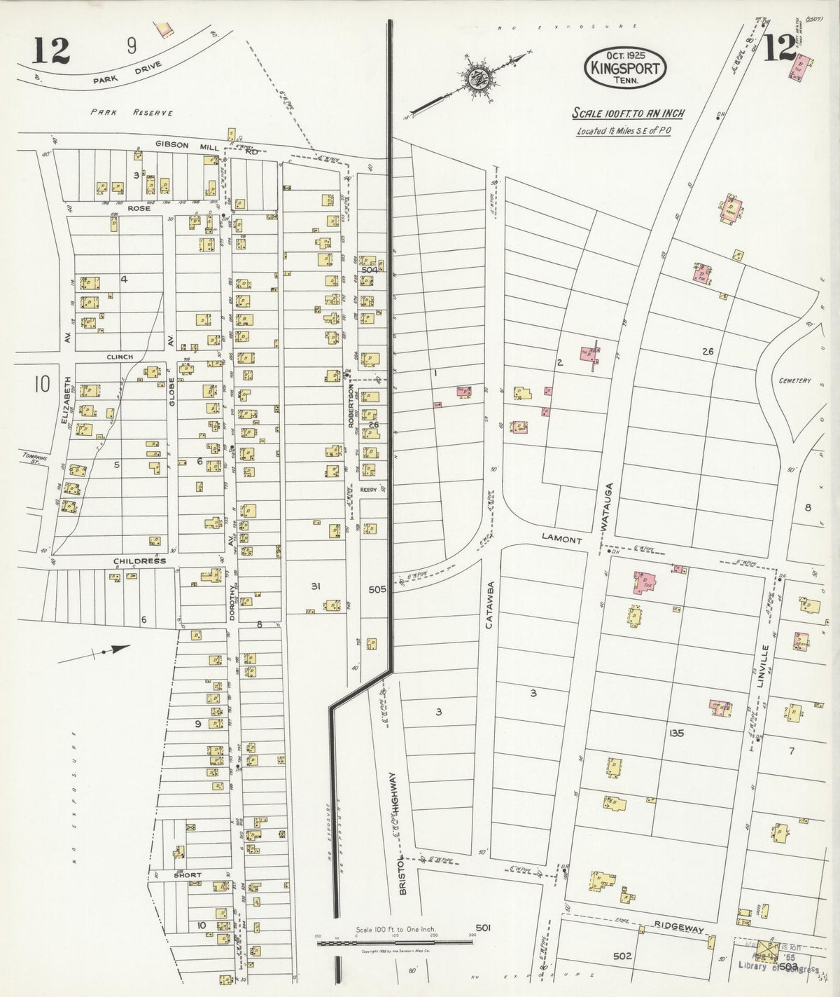 Sanborn Fire Insurance Map from Kingsport, Sullivan County, Tennessee (1925), Sheet #0012 - Complete Map Set gallery image, historic Sanborn map, vintage wall art, Tennessee Tennessee